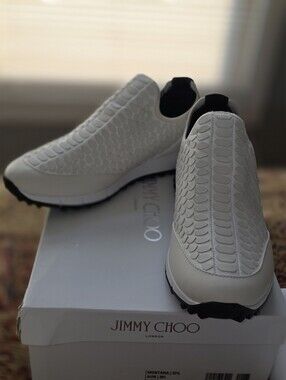 Jimmy Choo Womens White Slip-On Sneakers with Scaled Texture